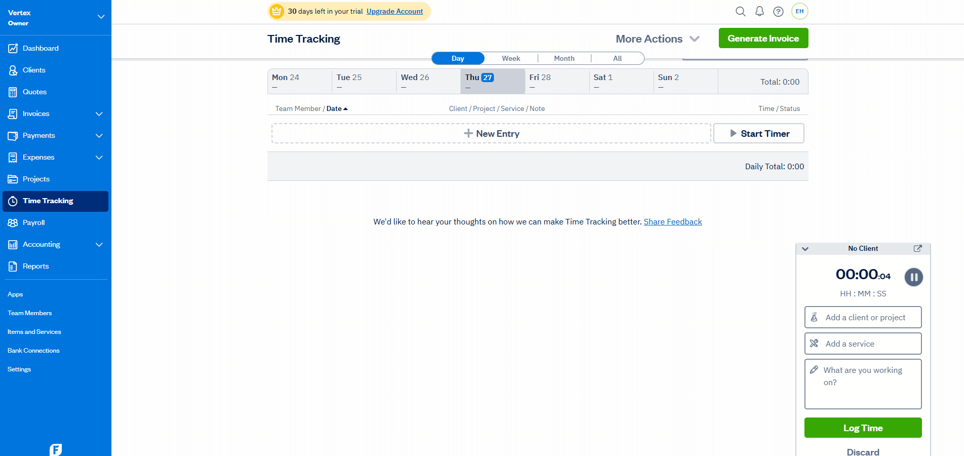 Screenshot of the Time Tracking feature on FreshBooks 