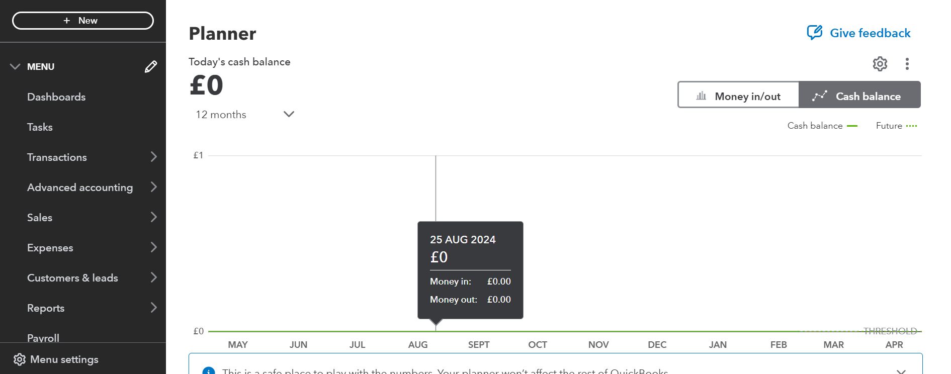 QuickBooks - Cash flow example screenshot