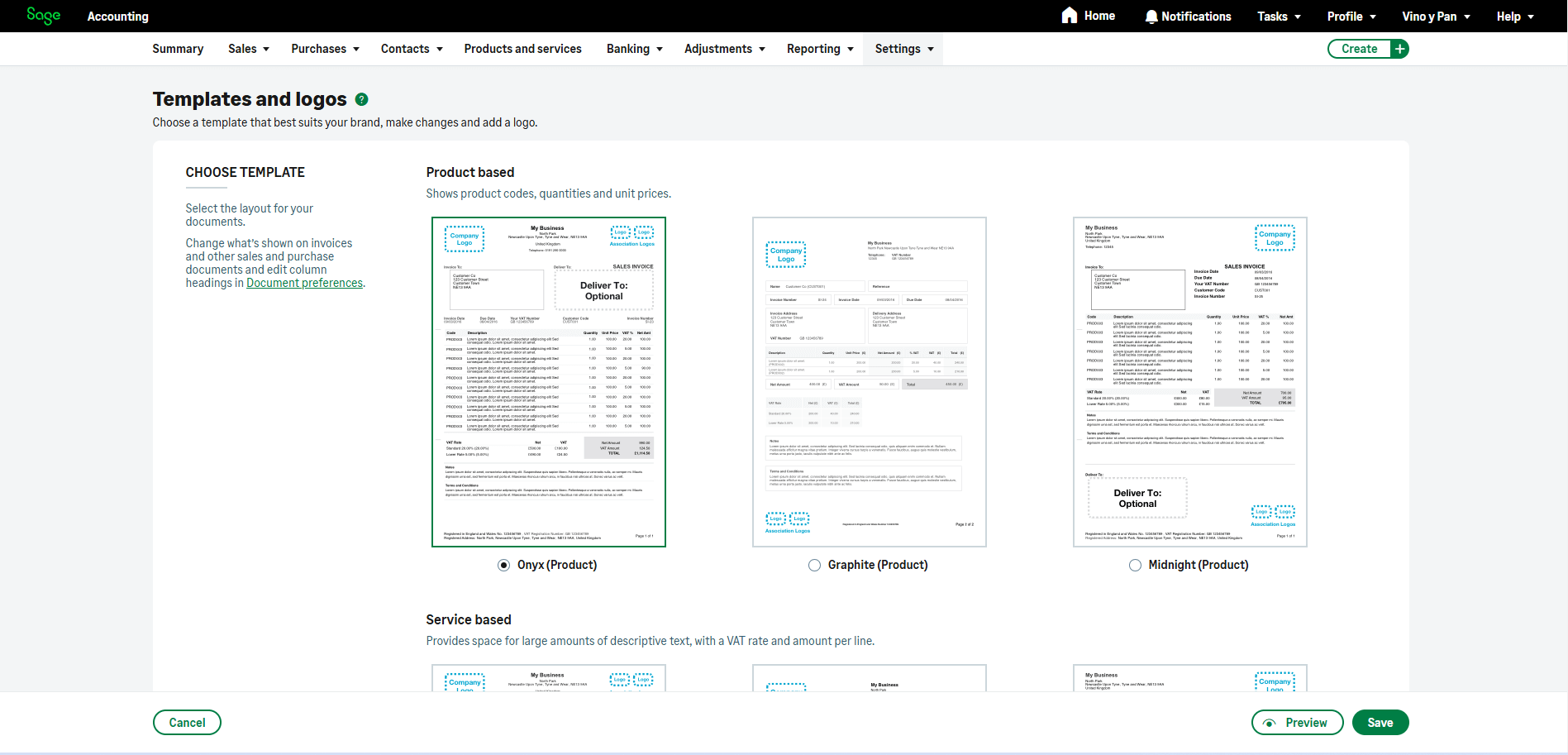 Screenshot of the templates and logos section of Sage