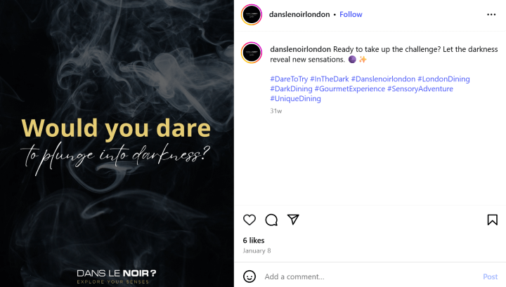 An image from Dans le Noir's Instagram promoting the dining experience