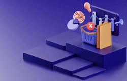 A graphic showing ecommerce related icons like a shopping basket, pie chart and a bullseye