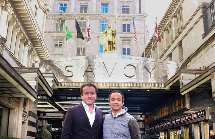 Nightly.travel co-founders Santiago Navarro and David Ferreira outside the Savoy hotel